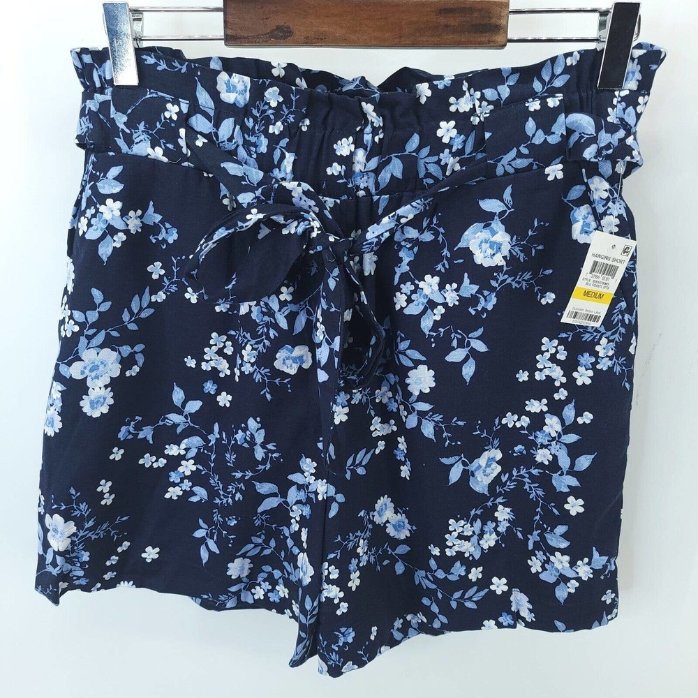 Maison Jules Womens Navy Floral Paperbag Waist Woven Wide Leg Shorts Size M NWT
